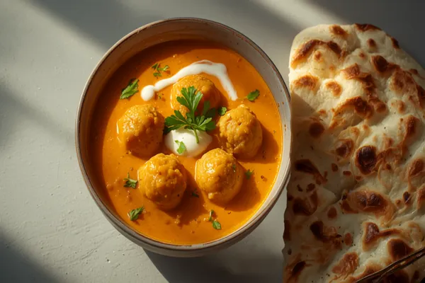 A bowl of malai kofta — golden fried paneer-potato dumplings in a creamy orange tomato-cashew gravy with a swirl of cream and coriander, beside naan.
