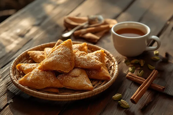 A pile of golden, powdered-sugar-dusted triangular mandazi in a woven basket beside a white cup of spiced tea, loose cinnamon sticks and cardamom pods scattered across a rustic wooden table in warm morning light.