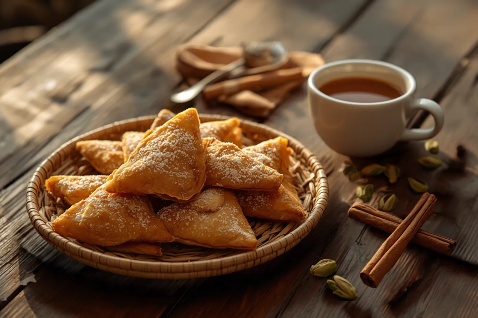 A pile of golden, powdered-sugar-dusted triangular mandazi in a woven basket beside a white cup of spiced tea, loose cinnamon sticks and cardamom pods scattered across a rustic wooden table in warm morning light.