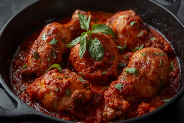 Deep glossy red Mangalorean chicken ghee roast, bone-in pieces coated in a thick clinging masala with curry leaves and ghee sheen, in a cast-iron pan.