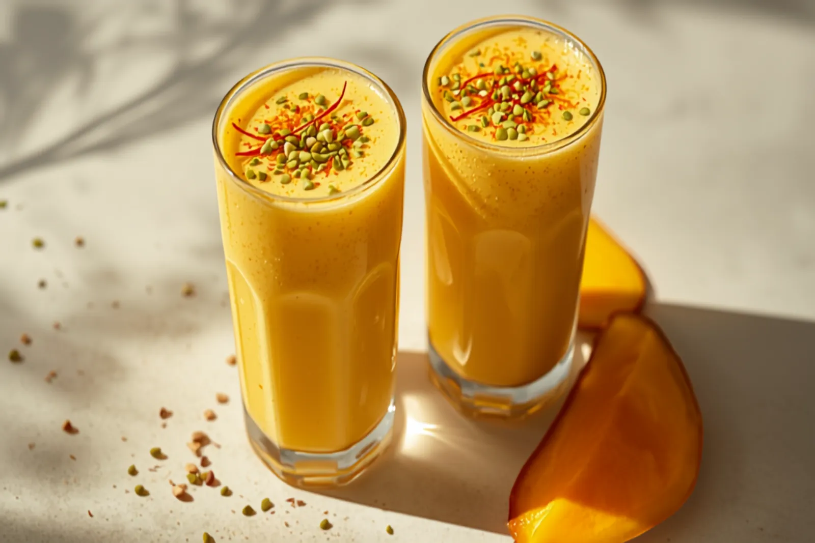 Two glasses of thick golden-yellow mango lassi garnished with chopped pistachios and a pinch of saffron, with fresh mango slices alongside.