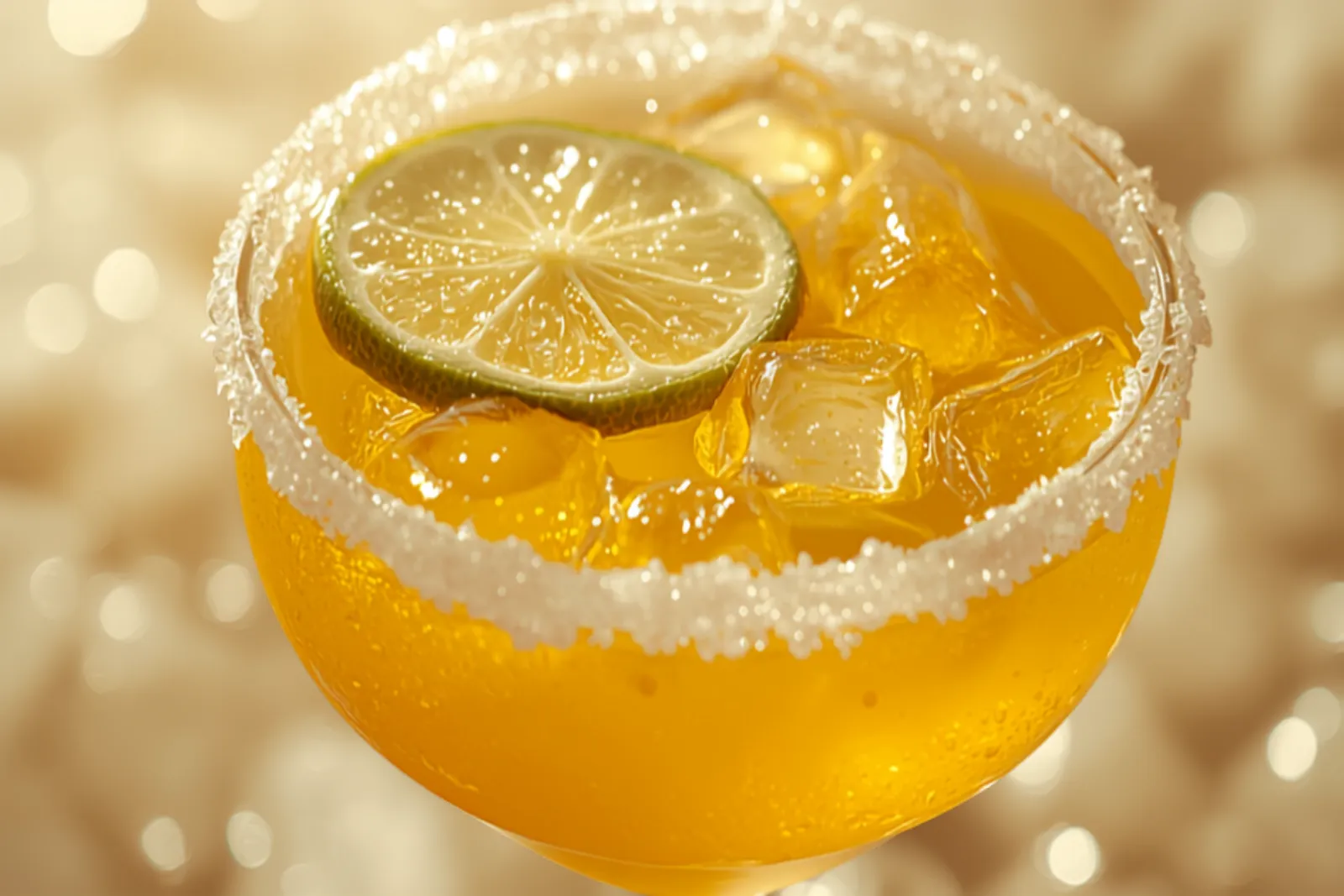 A golden mango margarita in a chilli-salt-rimmed glass over ice with a lime wheel and mango slice, sunny light.