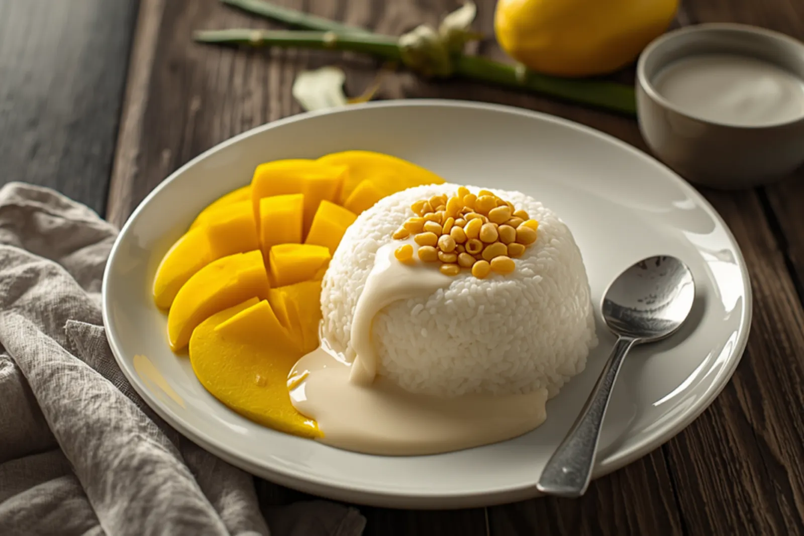 A wide white ceramic plate of Thai mango sticky rice on a dark weathered wooden table, shot at a low three-quarter angle: a smooth domed mound of white coconut sticky rice heaped with crisp toasted yellow mung beans, thick pale salted coconut cream running down its side and pooling on the plate, and a cross-hatched cheek of deep golden nam dok mai mango fanned out beside it, with a silver spoon resting on the rim, a crumpled grey linen napkin at the left, and a whole ripe mango, green pandan and lemongrass stems and a grey bowl of coconut cream blurred in the background.