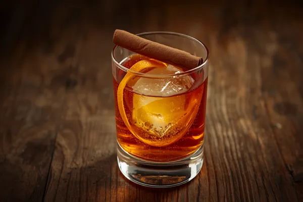 A maple Old Fashioned over a large ice cube with an orange peel and cinnamon stick, warm autumnal light.