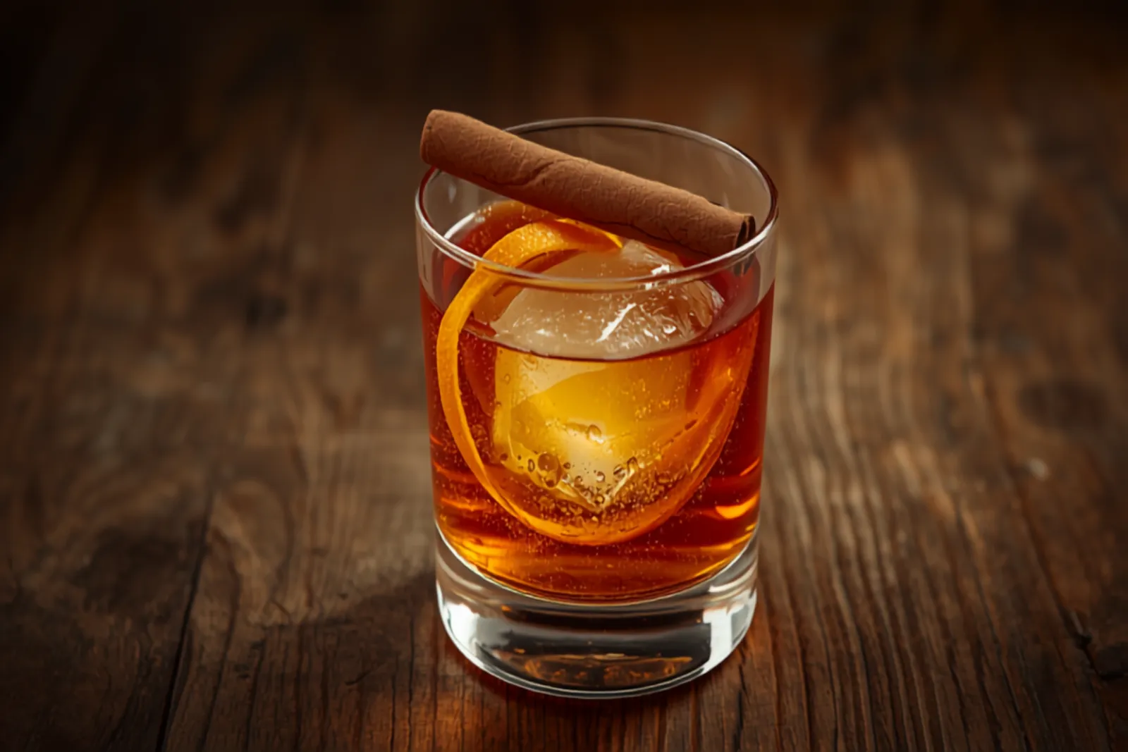 A maple Old Fashioned over a large ice cube with an orange peel and cinnamon stick, warm autumnal light.