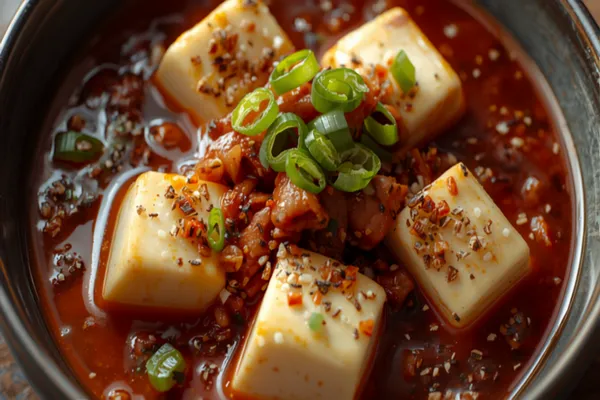 A bowl of mapo tofu — soft white tofu cubes in a glossy deep-red chili-bean sauce flecked with minced pork and ground Sichuan pepper, scattered with sliced green spring onions, served over white rice.
