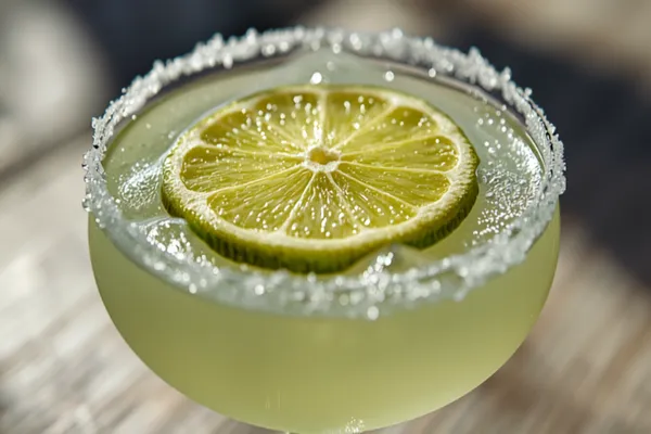 A margarita on the rocks in a glass with a flaky-salt rim and a lime wheel, pale green and bright, condensation on the glass, sunlit.