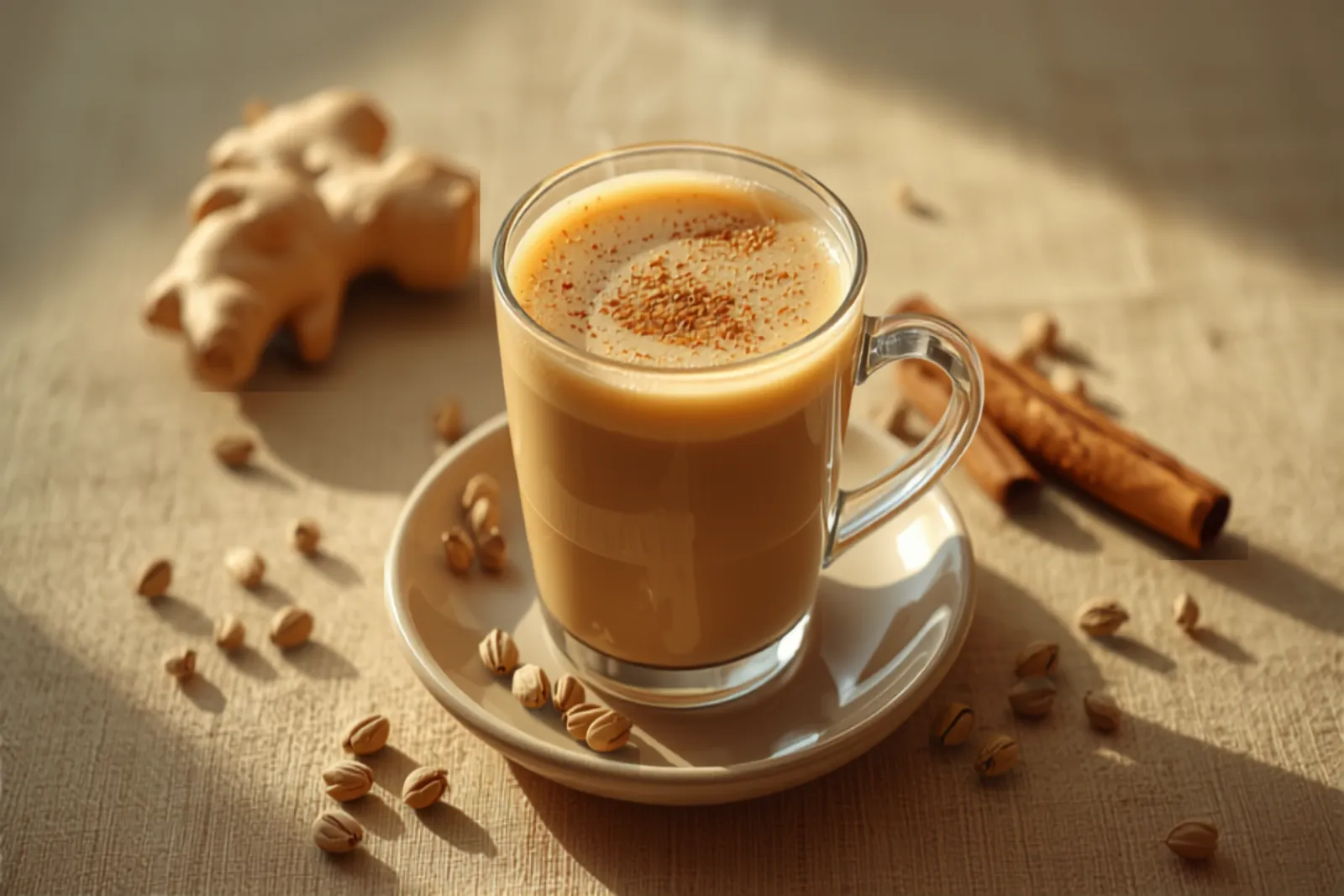 A glass of frothy masala chai on a saucer with whole cardamom pods, fresh ginger and a cinnamon stick beside it, steam rising.
