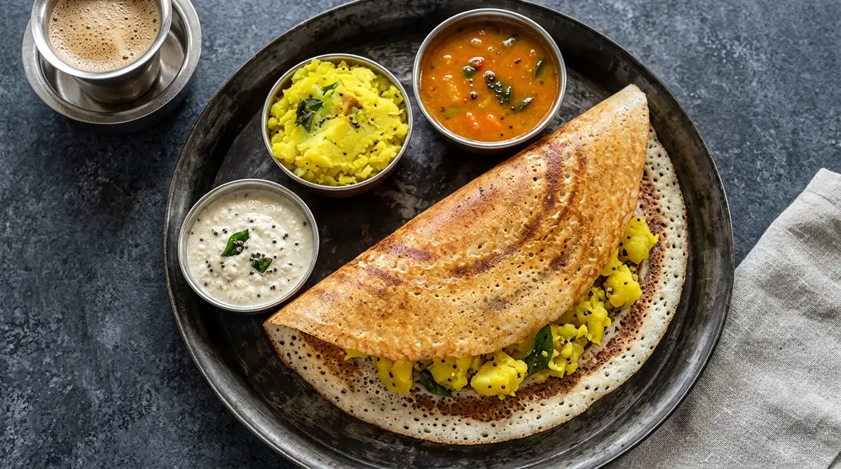 A crisp golden masala dosa with coconut chutney and sambar