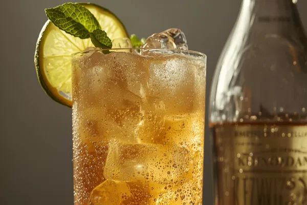A tall fizzing glass of masala soda over ice with bubbles rising, garnished with mint and a lime slice, a soda bottle beside it.