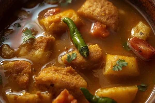 A light, clear-broth Assamese sour fish curry in a bowl with fried fish, tomato, potato wedges, and green chilies, scattered with fresh coriander.