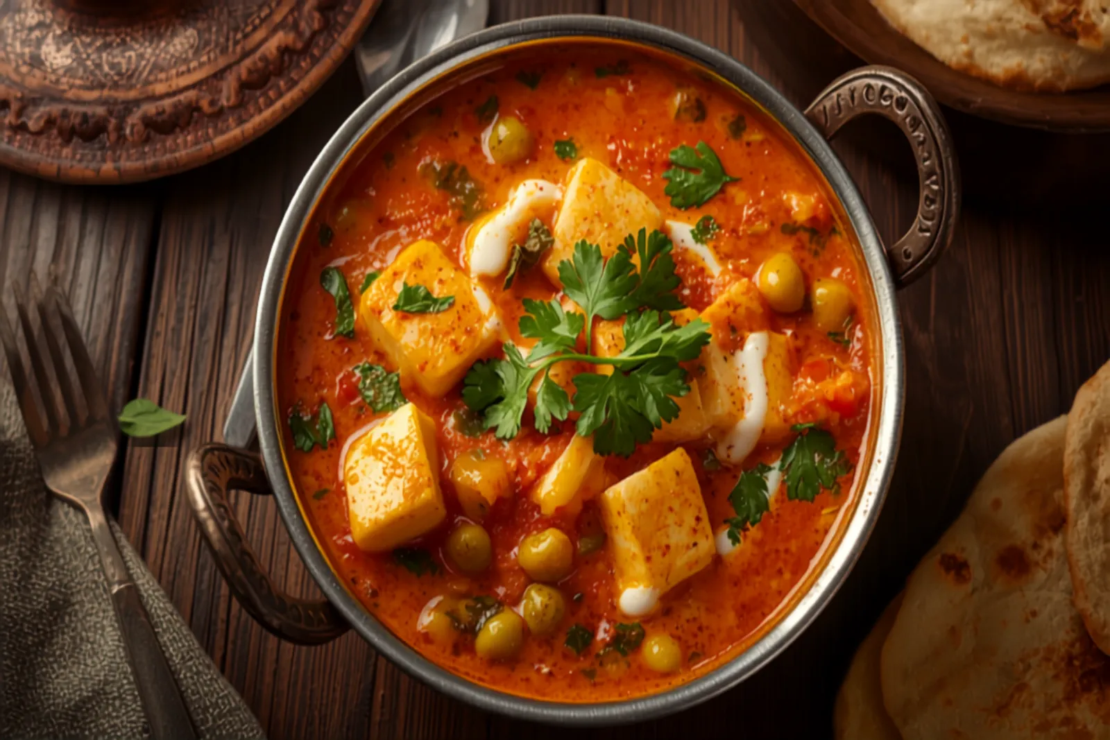 A copper karahi of matar paneer — cubes of soft white paneer and bright green peas in a glossy orange-red onion-tomato gravy, finished with cream swirls and fresh coriander, warm natural light.