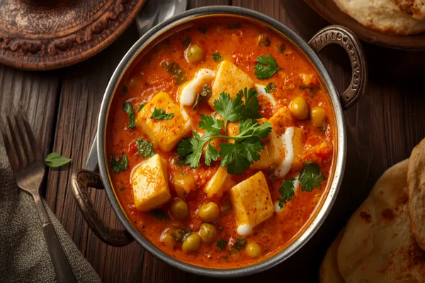 A copper karahi of matar paneer — cubes of soft white paneer and bright green peas in a glossy orange-red onion-tomato gravy, finished with cream swirls and fresh coriander, warm natural light.