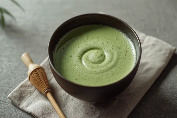 A wide dark stoneware chawan holding vivid jade-green usucha whisked to a fine pale-green foam with a small swirl at the center, a bamboo chasen resting on its holder and a bamboo chashaku scoop alongside on a linen cloth.