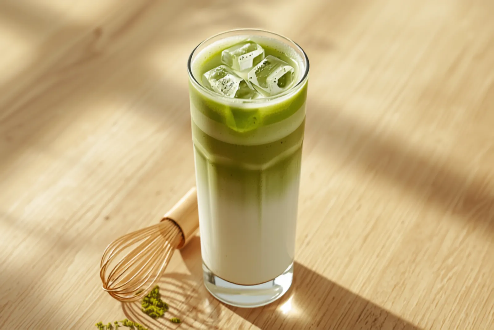 A tall iced matcha latte with vivid green tea poured over white milk and ice, a bamboo whisk beside it on a light wooden table.