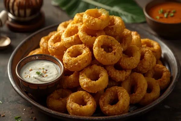 Golden, crisp ring-shaped medu vadas piled on a plate with a bowl of white coconut chutney and orange sambar.