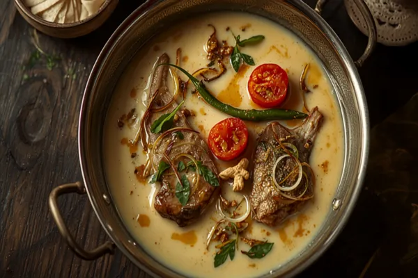 A shallow copper pan of Kerala meen moilee — pale gold coconut-milk gravy around seared seer fish steaks, with tomato rounds, slit green chillies, ginger julienne and fresh curry leaves on top, shot from above in soft natural light.