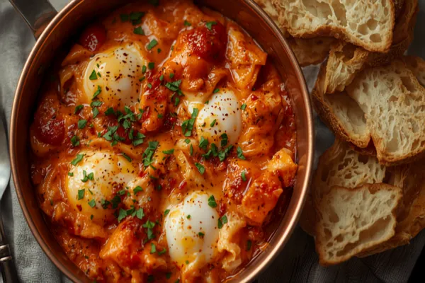 A small two-handled pan of menemen — soft eggs cooked into a thick red sauce of tomato and green peppers, dusted with red pepper flakes and parsley, with crusty bread alongside.