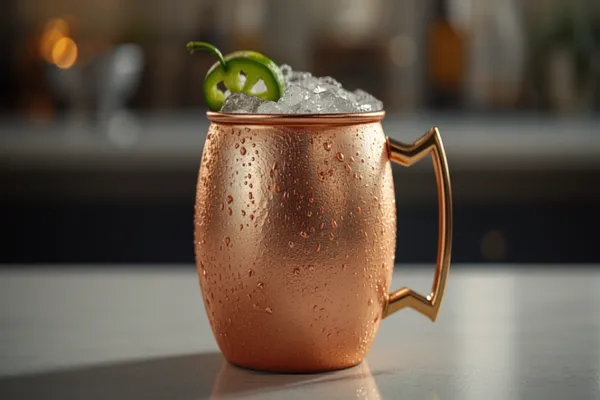 A copper mug Mexican mule with tequila, a lime wheel and jalapeño slice, condensation on the copper in bright light.