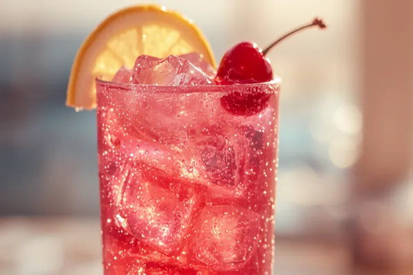 A tall pink Miami iced tea over ice with a lemon wheel and a cherry, bright beachy light.