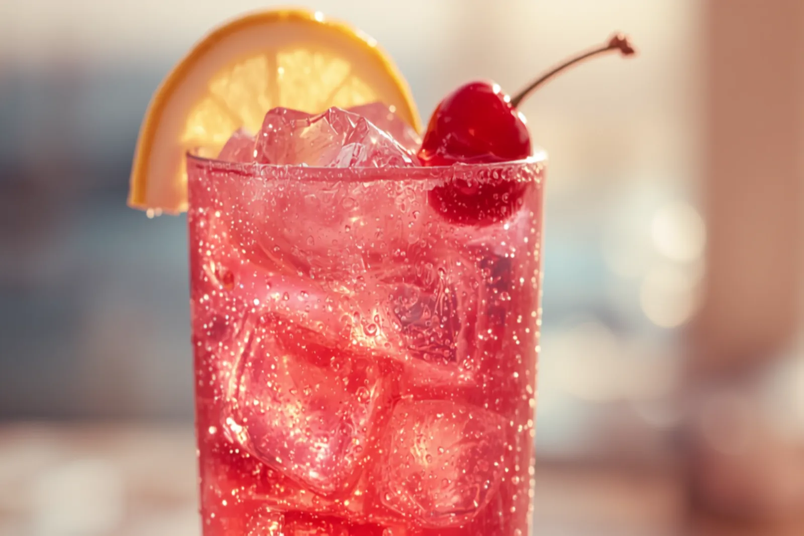 A tall pink Miami iced tea over ice with a lemon wheel and a cherry, bright beachy light.