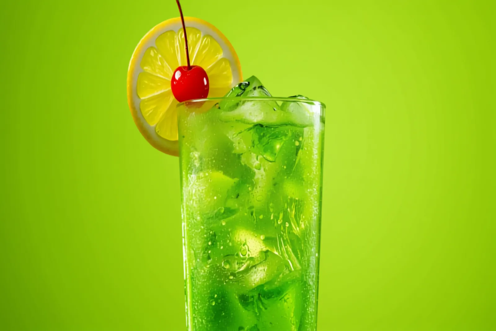 A bright green Midori sour over ice with a lemon wheel and a cherry, fun vivid light.