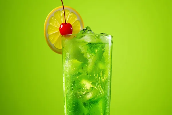 A bright green Midori sour over ice with a lemon wheel and a cherry, fun vivid light.