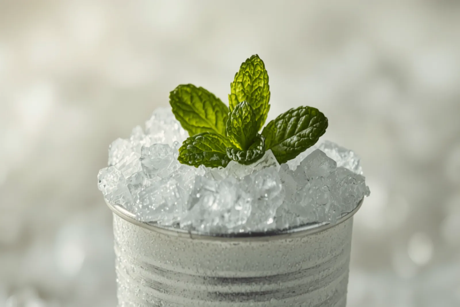 A frosted silver julep cup mounded with crushed ice and a large bouquet of fresh mint, a short straw, condensation frosting the metal.