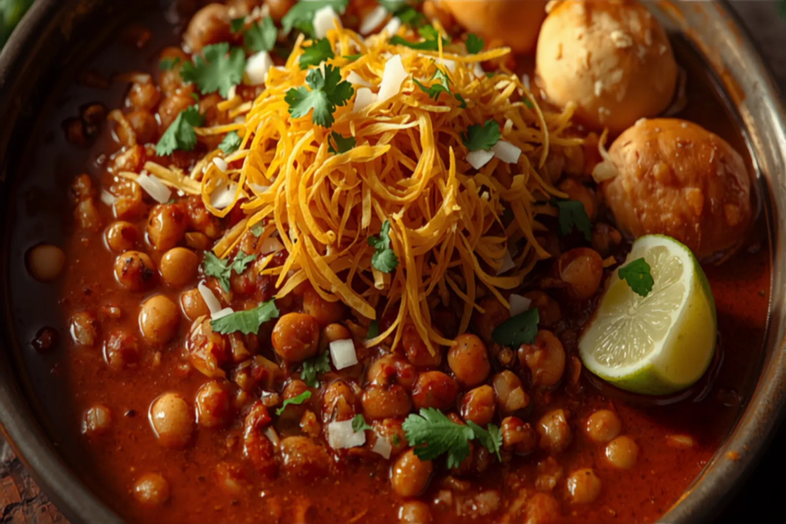 A bowl of misal: brown sprouted-bean curry under a fiery red oily gravy, topped with crunchy yellow sev, chopped onion, and coriander, with soft pav rolls and lime alongside.
