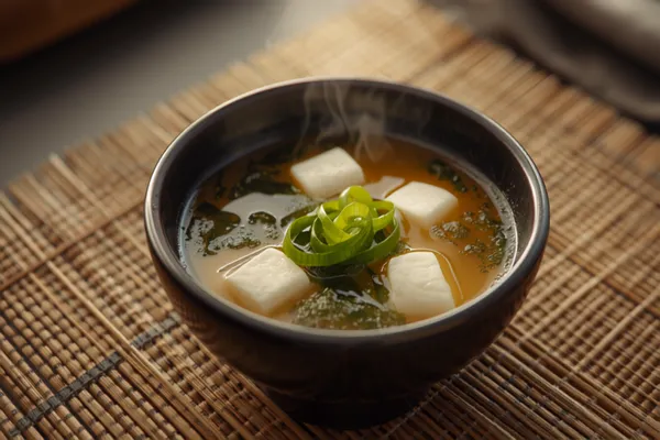 A small dark-glazed ceramic bowl of miso soup on a bamboo mat, the cloudy amber broth holding cubes of soft white tofu and dark-green ribbons of wakame, finished with a scatter of bright scallion rings and a curl of steam rising into soft morning light.