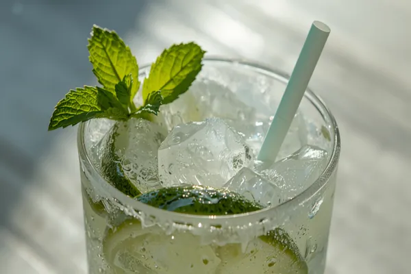 A tall mojito packed with crushed ice and fresh mint sprigs, lime wedges and a straw, beads of condensation on the glass in bright light.