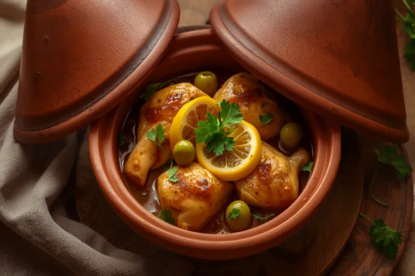 A traditional conical clay tagine open to reveal golden saffron-stained chicken pieces in a rich onion sauce, topped with slices of preserved lemon, green olives, and fresh coriander.