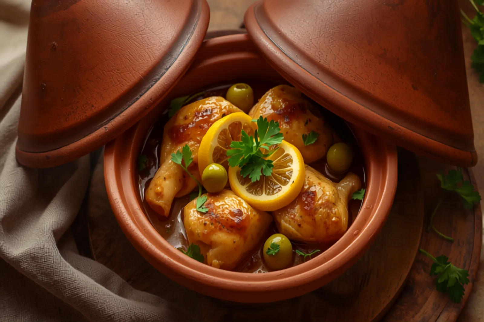 A traditional conical clay tagine open to reveal golden saffron-stained chicken pieces in a rich onion sauce, topped with slices of preserved lemon, green olives, and fresh coriander.