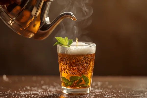 Moroccan mint tea poured in a long stream from a silver teapot held high into a small glass, fresh mint visible, a frothy head forming.
