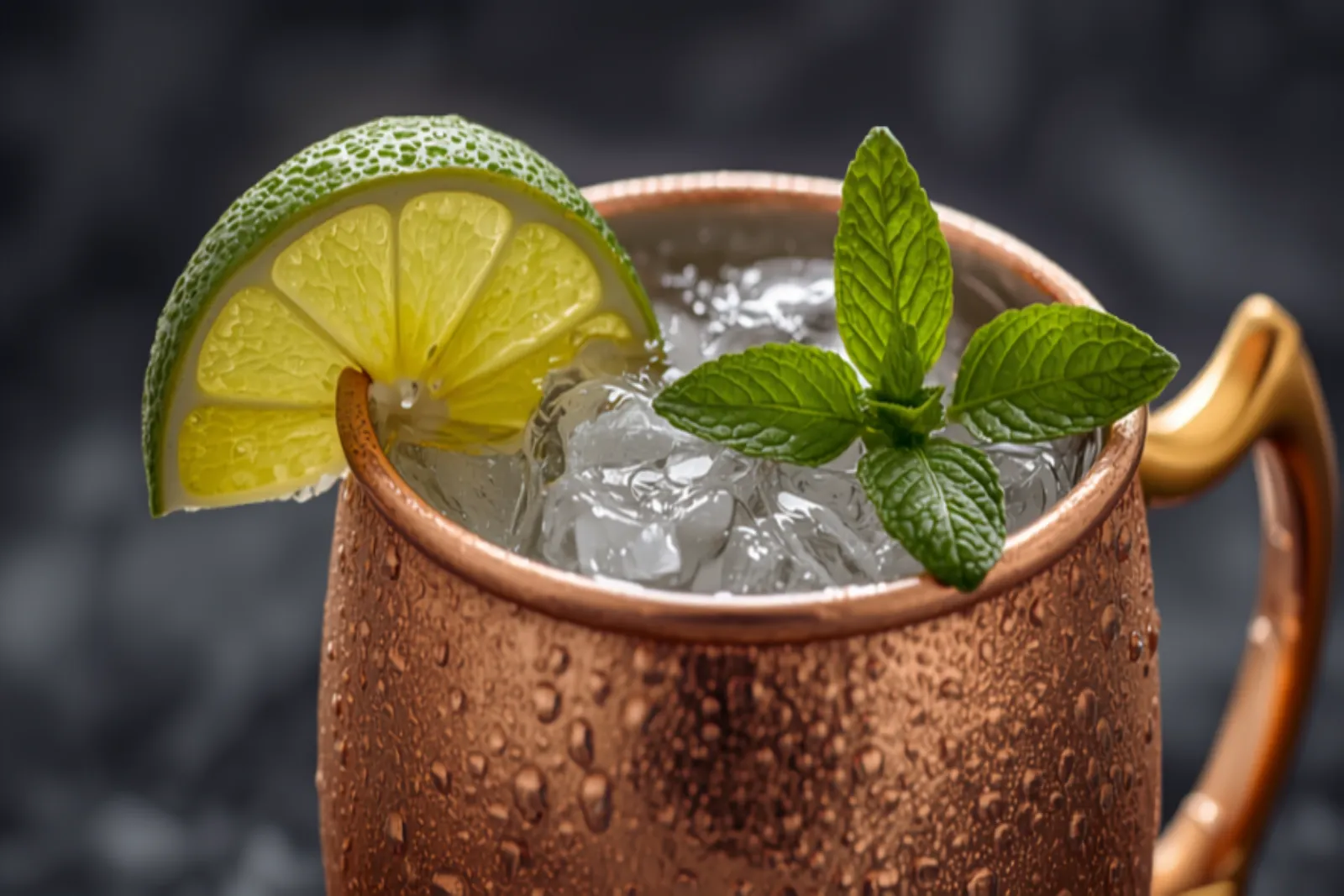 A frosty copper mug Moscow mule with a lime wedge and mint sprig, beads of condensation on the copper, bright daylight.