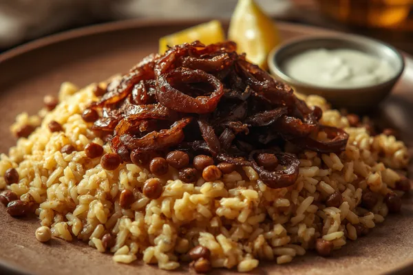 A platter of mujaddara — fluffy rice flecked with brown lentils — crowned with a generous heap of deeply caramelized, crispy dark-brown onions, with a bowl of white yogurt and lemon wedges to the side.