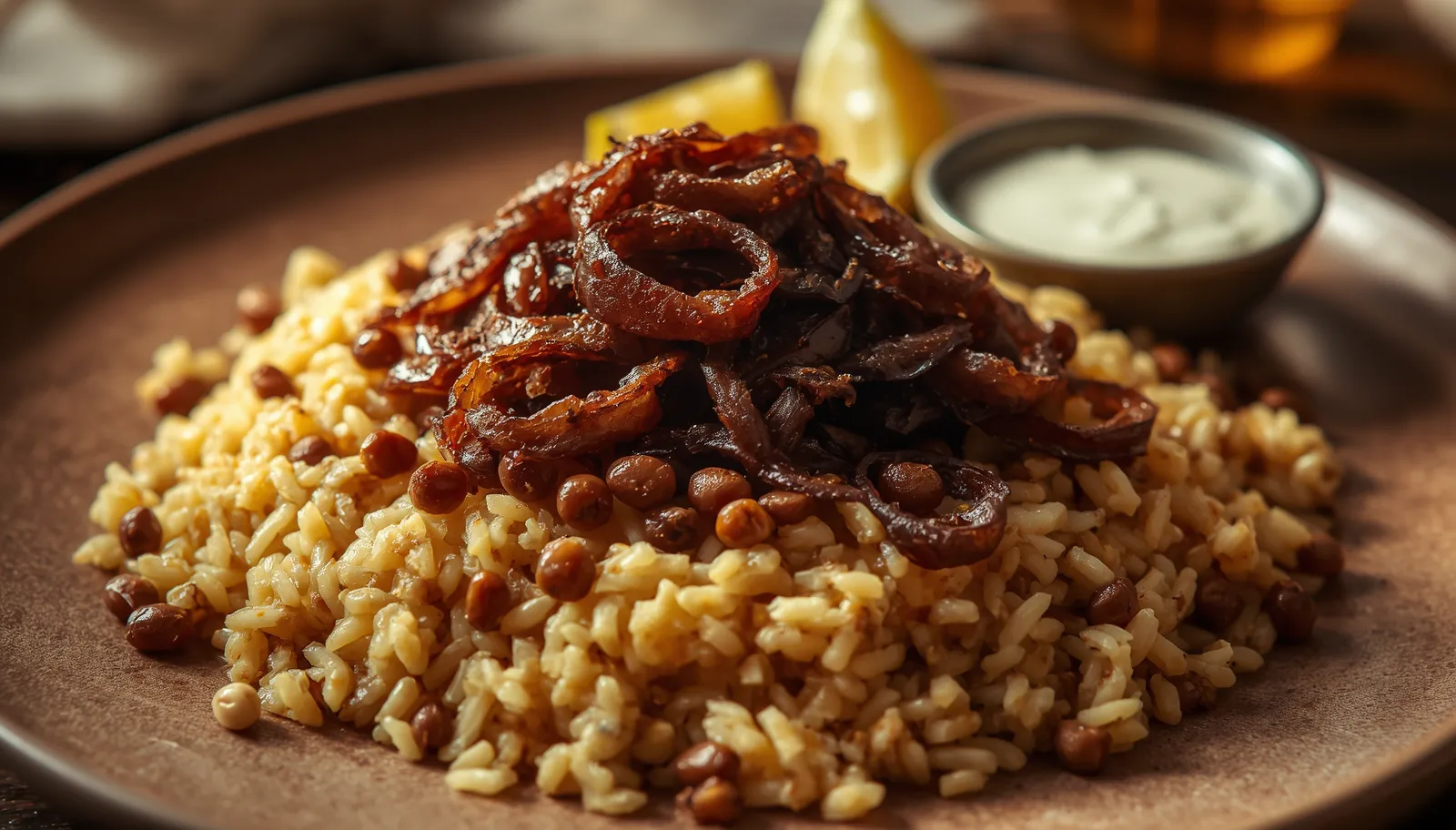 A platter of mujaddara — fluffy rice flecked with brown lentils — crowned with a generous heap of deeply caramelized, crispy dark-brown onions, with a bowl of white yogurt and lemon wedges to the side.