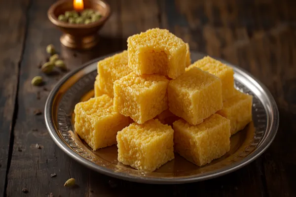Neat golden squares of ghee Mysore pak with a fine porous crumb, stacked on a small steel plate in warm natural light.