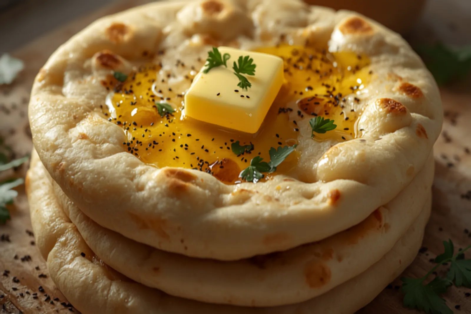 A stack of soft blistered naan brushed with butter and flecked with nigella seeds and coriander, one torn to show the airy interior.
