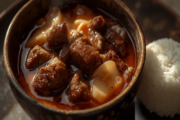 A rustic bowl of Naga smoked pork — chunks of dark smoky pork belly with pale bamboo shoot slices in a light reddish broth — beside a mound of steamed rice.