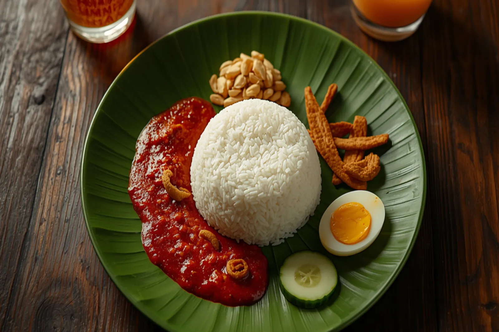 A plate of Malaysian nasi lemak on a wilted green banana leaf — a mound of white coconut rice flecked with pandan, a dark red glossy sambal tumis with onion rings and its oil pooling at the edge, a heap of crisp golden anchovies, roasted peanuts, three diagonal cucumber slices and half a hard-boiled egg arranged around it, with a glass of teh tarik behind.
