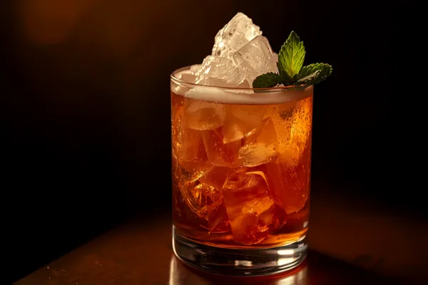A Navy Grog cocktail in a double old-fashioned glass over a cone of crushed ice with a mint sprig, warm moody tiki-bar light.