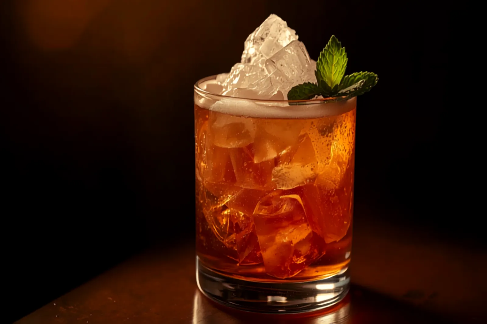 A Navy Grog cocktail in a double old-fashioned glass over a cone of crushed ice with a mint sprig, warm moody tiki-bar light.