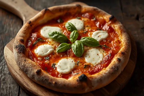 A Neapolitan pizza margherita with a puffed, charred rim, a thin red tomato base, molten white mozzarella, and fresh green basil leaves, on a wooden peel.