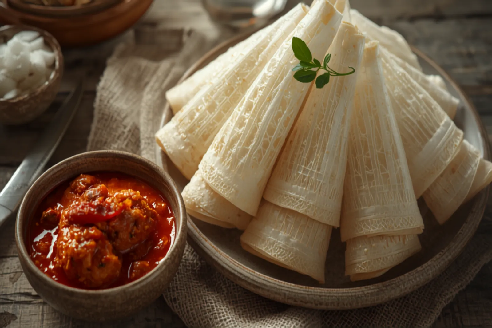 Soft, white, lacy neer dosas folded into triangles and stacked on a plate, with a bowl of red chicken ghee roast beside them.