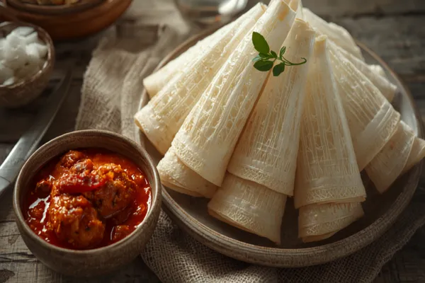 Soft, white, lacy neer dosas folded into triangles and stacked on a plate, with a bowl of red chicken ghee roast beside them.