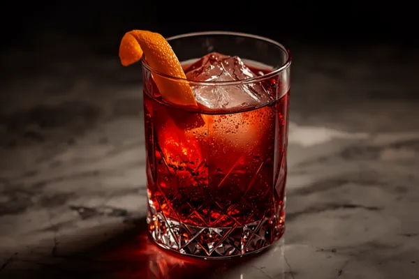A ruby-red Negroni in a rocks glass over a large clear ice cube, a bright orange peel twist on the rim, warm light on a marble bar top.