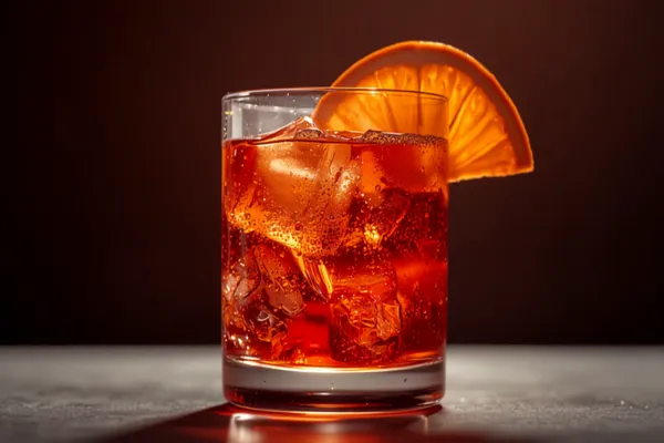 A Negroni Sbagliato in a rocks glass over ice, red-orange with prosecco bubbles and an orange slice, bright light.