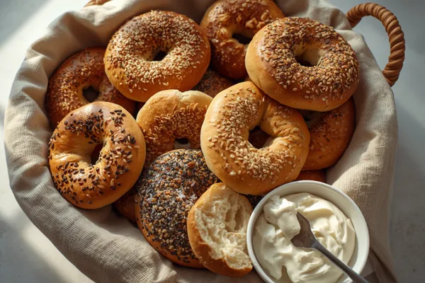 Overhead view of a linen-lined wicker basket heaped with freshly baked New York bagels — sesame, poppy and everything-topped, with deep golden crusts — one torn open to show the dense pale crumb, beside a small white bowl of cream cheese in soft daylight.