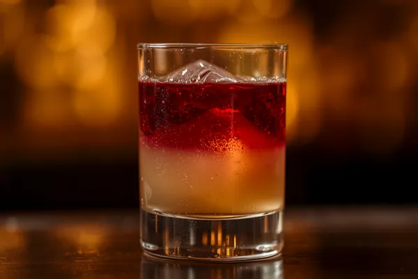 A New York sour in a rocks glass with a deep-red wine float layered over a pale whiskey sour, dramatic light.